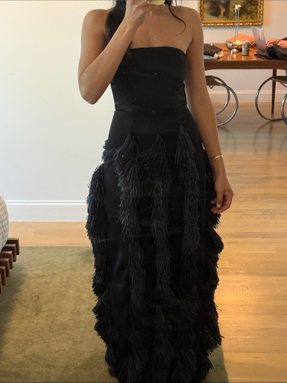 cult gaia Black Strapless Fringe Column Gown